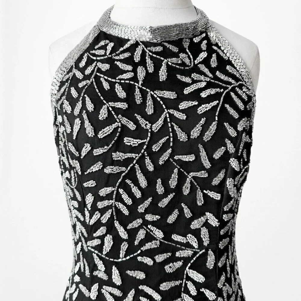 Vintage Y2K Black White Gray Floral Beaded Maxi Bodycon Formal Dress M - Picture 5 of 9